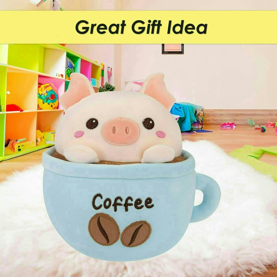 image 1 of Pig Coffee Cup Soft Toy Cute Plushie Huggable Cuddly Stuffed Toy 20cm Blue
