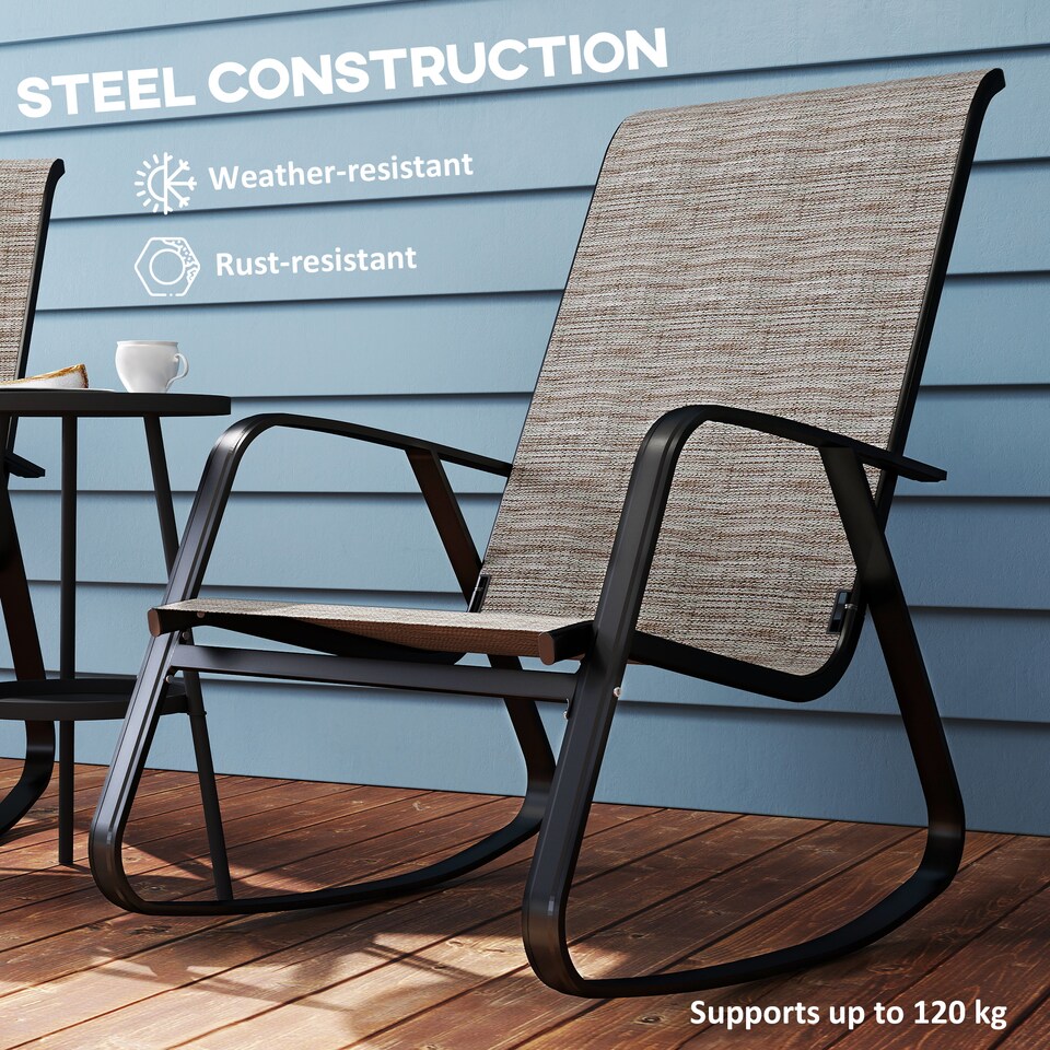 image 1 of Outsunny Garden Rocking Chair, Ergonomic Outdoor Rocking Chair with Armrests, High Backrest, Steel Frame Relaxing Rocker Armchair Seat for Patio, Balcony, Porch, Light Brown | Brown | Brown