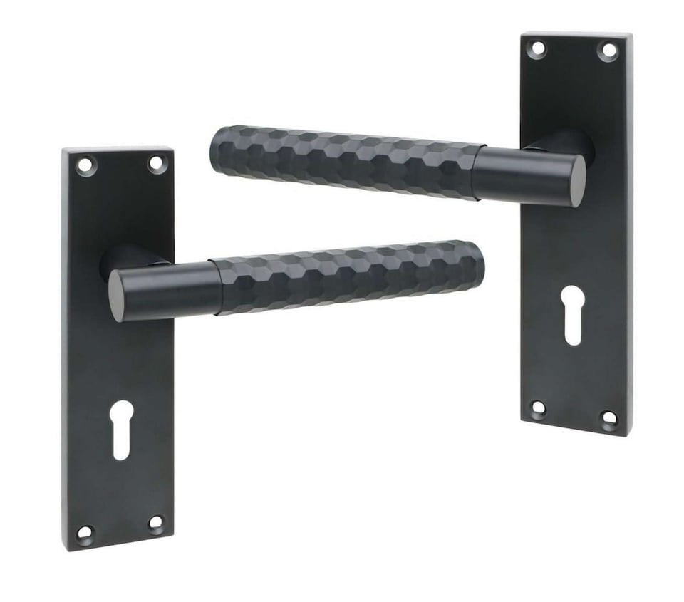 image 1 of Golden Grace 1 Pair Victorian Knurled Hex Cut Lock Door Handle Matt Black - Secure and Elegant 3 Lever Lock Set with Hinges - 150mm x 40mm
