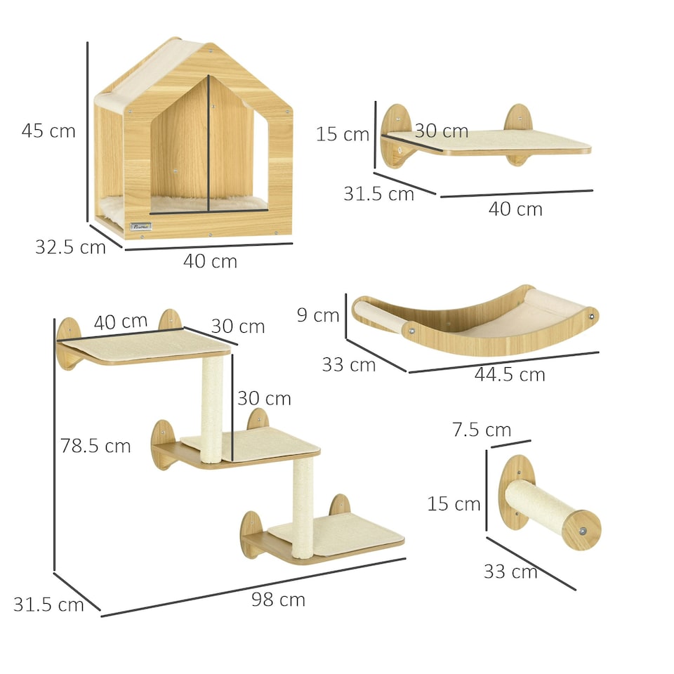 image 1 of PawHut Cat Wall Furniture Condo Perches Scratch Posts Steps 8 Piece Beige