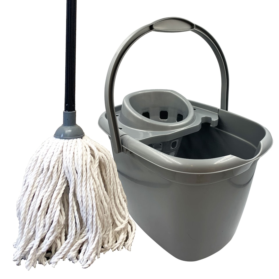 image 1 of Traditional Pure Cotton Mop and Bucket Set 12L Grey Floor Cleaner with Wringer