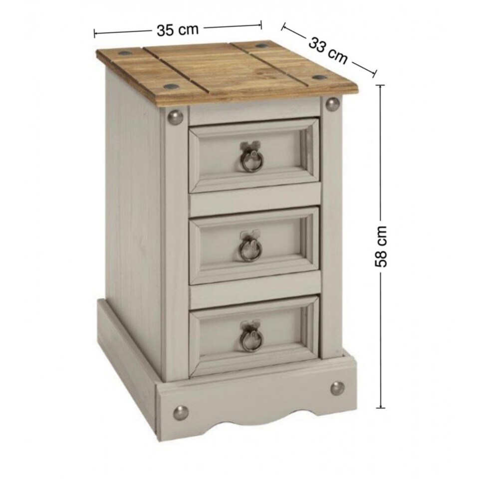 image 1 of Mercers Furniture Corona Grey Painted Wax Narrow 3 Drawer Bedside Cabinet Chest Table Solid Wood Pine with Wooden Mexican Styling
