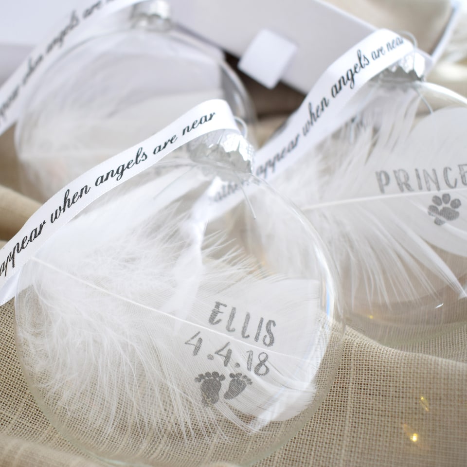 image 1 of Personalised White Feather Bauble. Memorial Angel Decoration