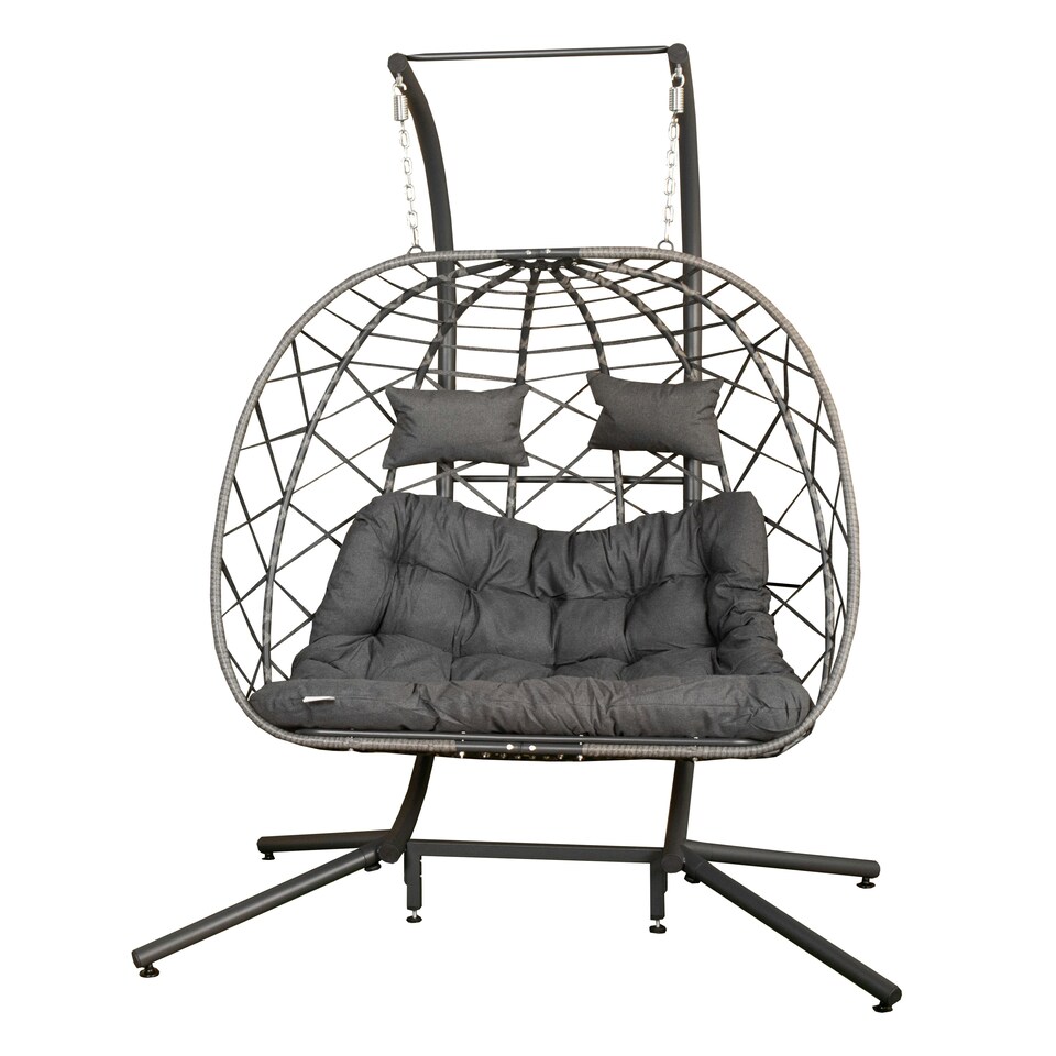 image 1 of Samuel Alexander 2 Seater Hanging Garden Rattan Egg Chair with Steel Frame and Waterproof Cover in Grey Grey