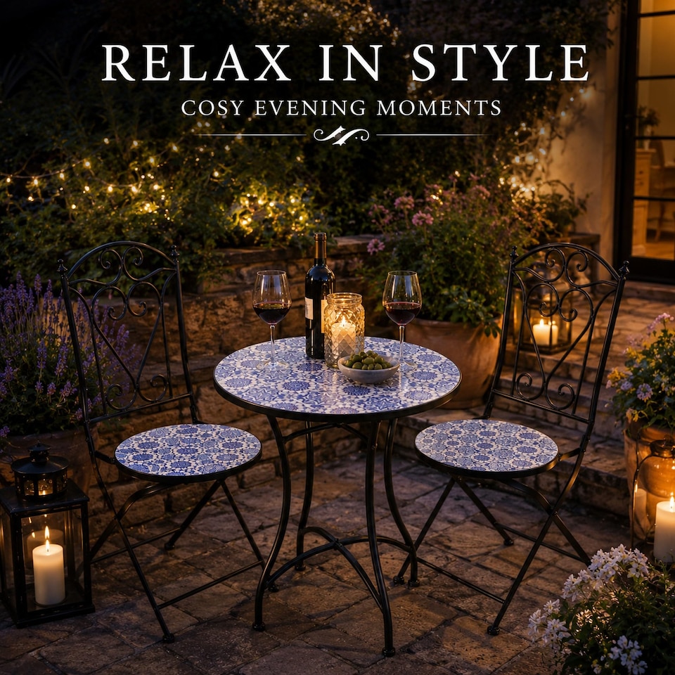 image 1 of Mosaic Bistro Set Three Piece Folding Outdoor Table and Chairs for Balcony Patio and Small Garden Dining