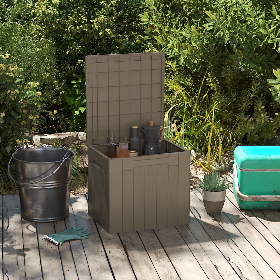 image 1 of HOMCOM 107L Outdoor Balcony Garden Furniture Storage Box with Lock Hole, Plastic Storage Trunk with Lid and Side Handles, All Weather Resistant Large Chest, Safe and Secure for Patio, Dark Brown | Brown | Dark Brown