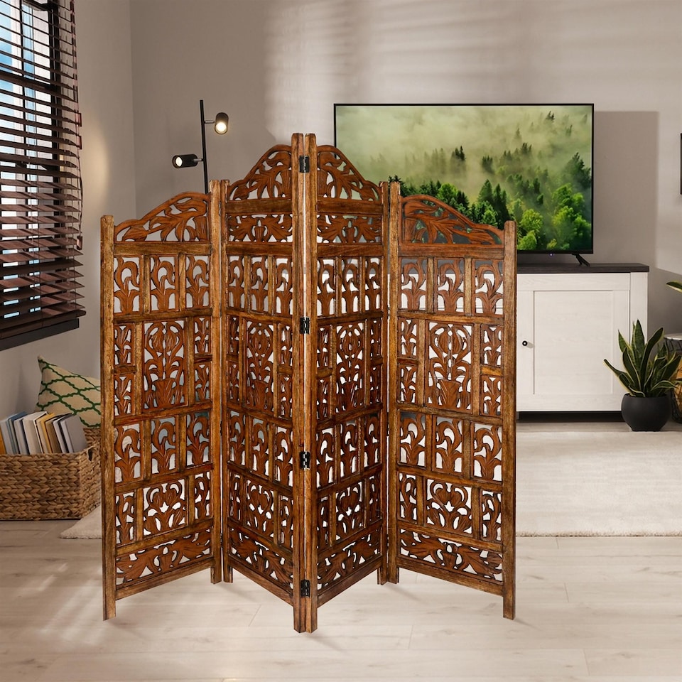image 1 of 4 Panel Heavy Duty Carved  Screen Wooden Gamla Design Room Divider Light Brown 200 x 180 cm | Brown | Light Brown | 200 x 180 cm