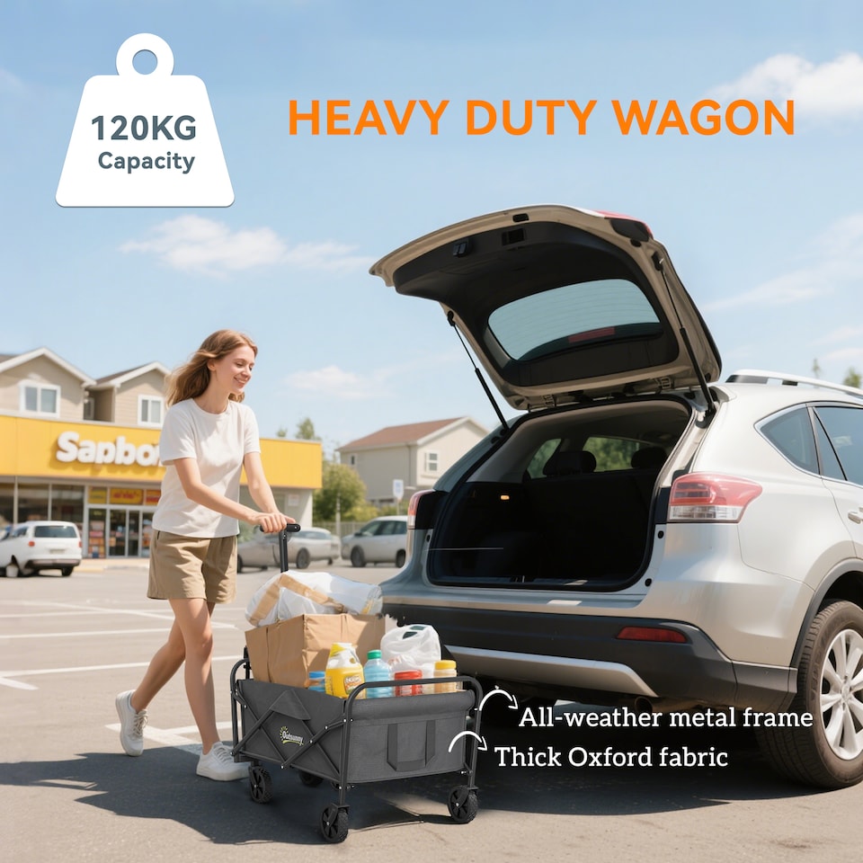 image 1 of Outsunny 62L Festival Trolley on Wheels, Garden Folding Trolley Cart, 120kg Heavy Duty Collapsible Folding Wagon with Adjustable Handle and Carrying Bag for Beach, Camping, Festival, Grey