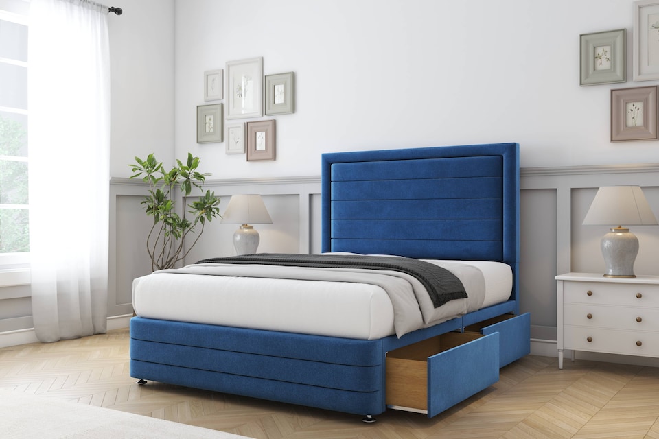 image 1 of Sloomy Ashford Navy Plush Divan Bed With Mattress 2 Drawers Left Side With 54" Floor Standing Headboard & 12" Matching Footboard 4'6 Double | Blue | Navy | Double | 1