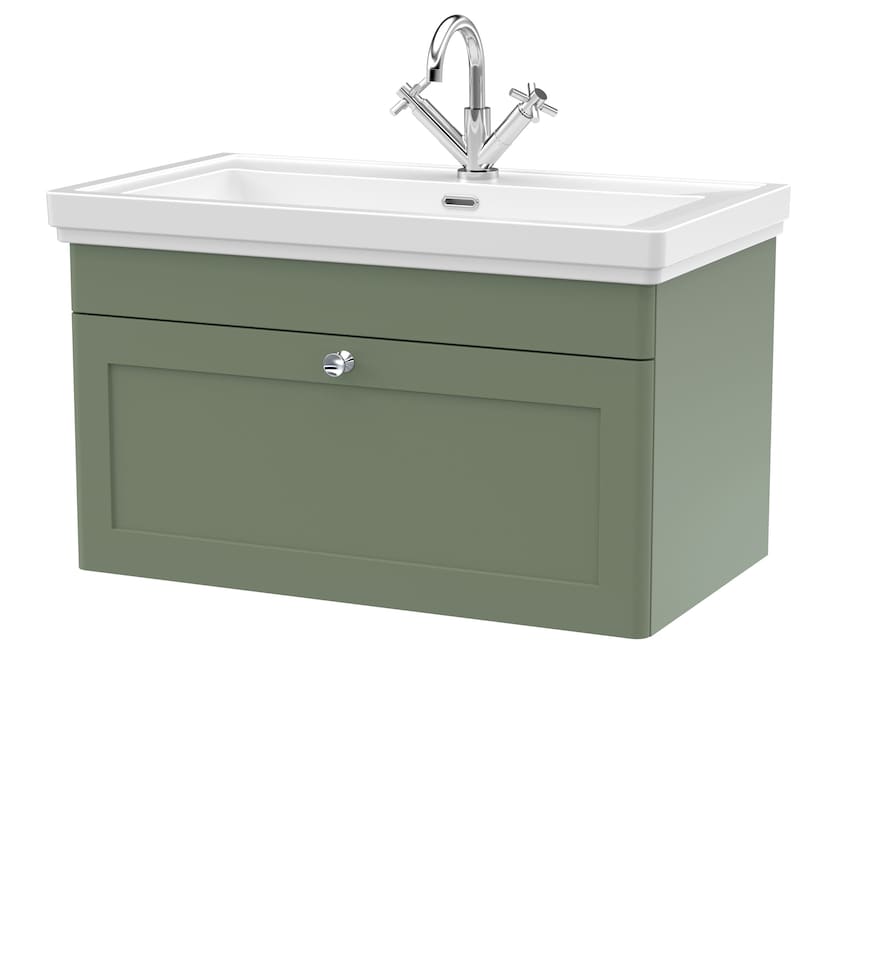 image 1 of Bathroom Wall Hung 1-Drawer Vanity Unit & Fireclay Basin, Green, 800mm | Green | Satin Green | 470 x 830 x 496mm