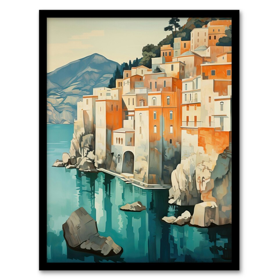 image 1 of Amalfi Coast Orange Green Coastal Village Black Framed Wall Art Print A4