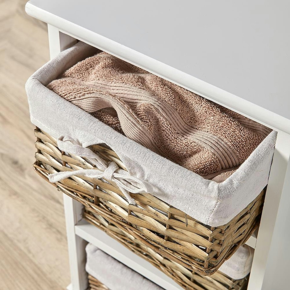 image 1 of Wooden Chest Of Drawer Storage Unit Willow Wicker Baskets Bedside Fully Assembled White | 3 Drawers