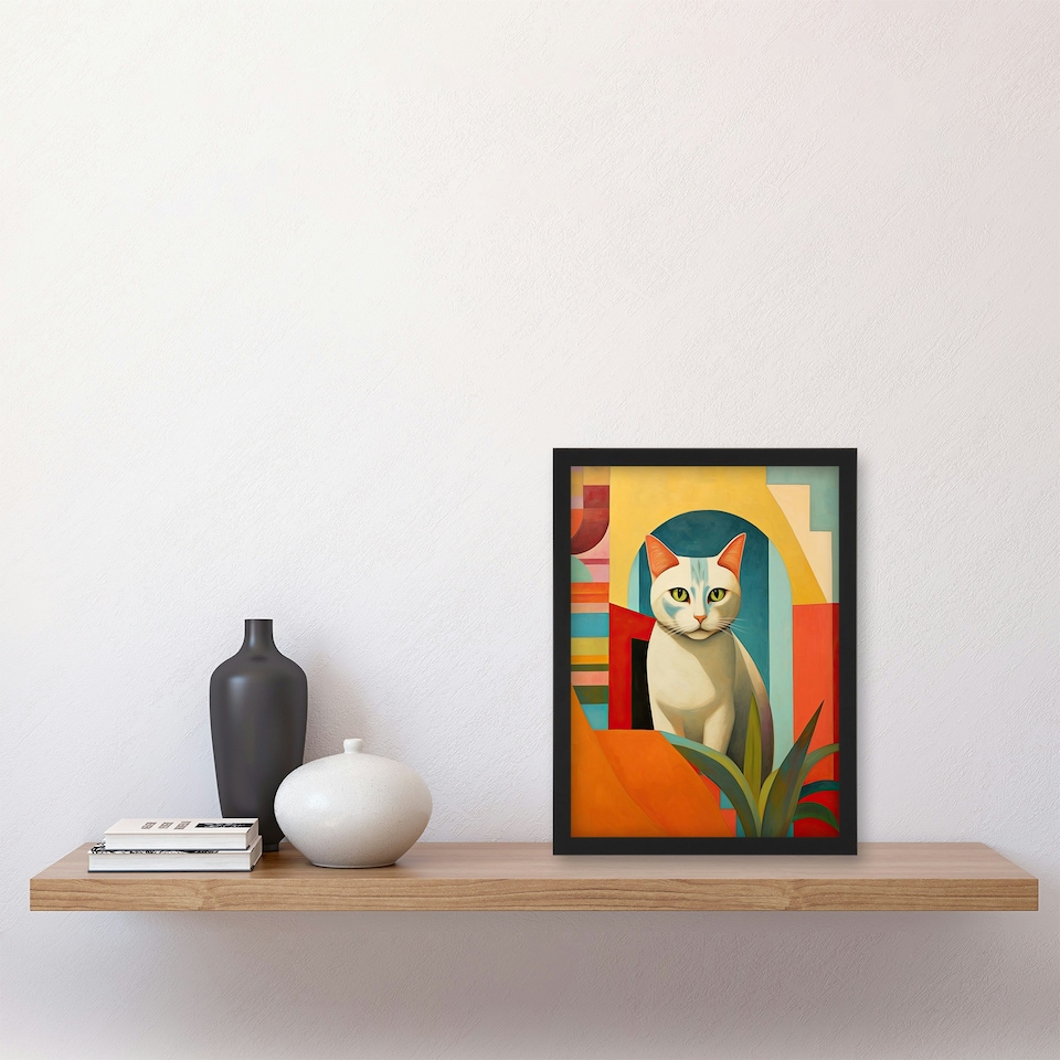 image 1 of Abstract Cubist Cat Plant Feline Geometric Black Framed Wall Art Print A4