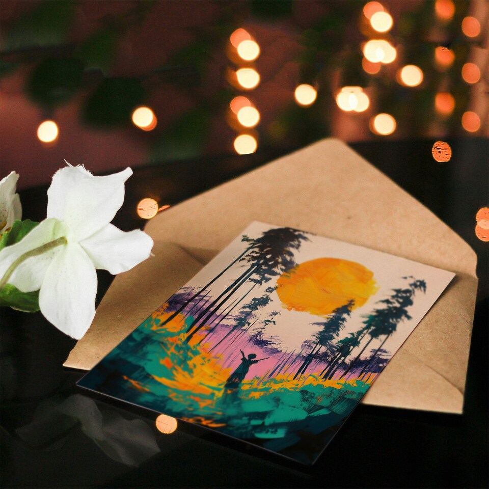 image 1 of Sunrise Joy Abstract Forest Landscape Painting Birthday Greeting Card