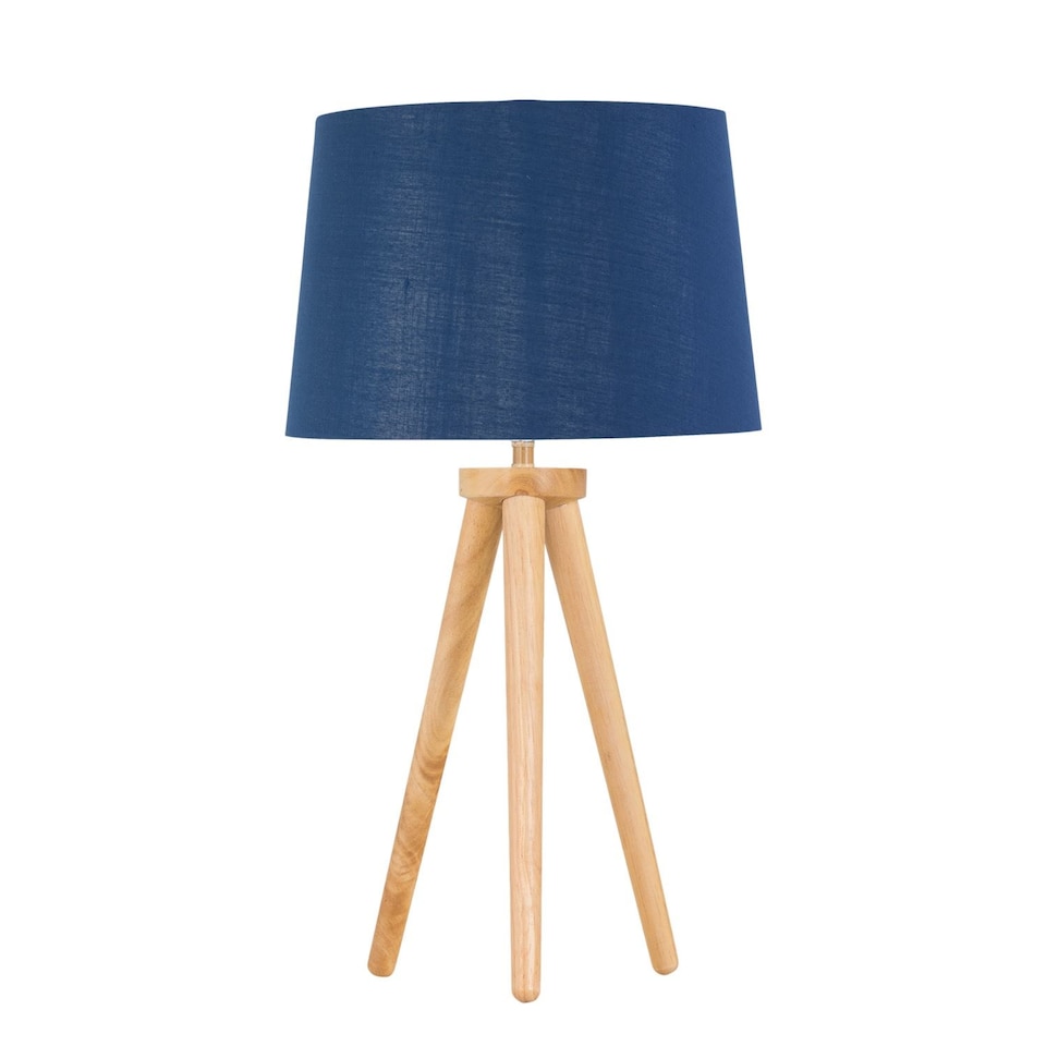 image 1 of Voyage - Light Oak Table Lamp Bedside Light with Navy & Silver Shade | Brown | Blue | Large | 1