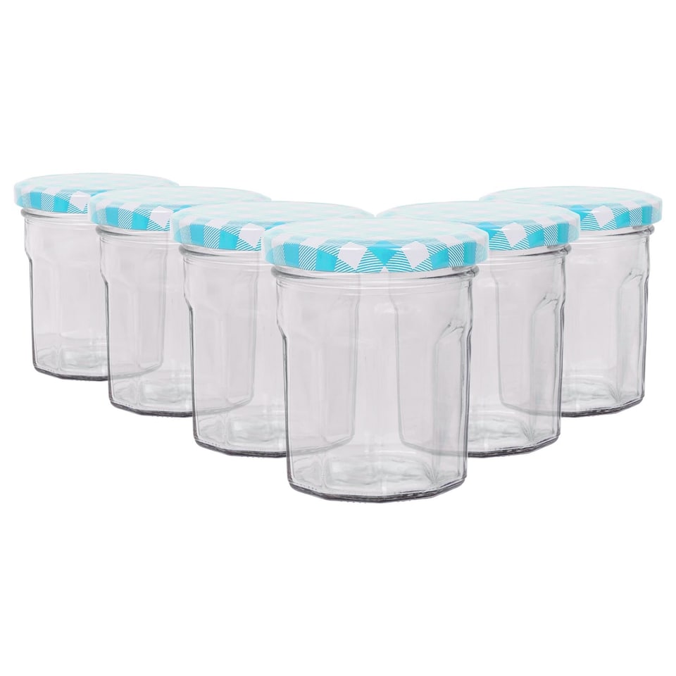 image 1 of Argon Tableware Glass Jam Jars with Blue Gingham Lids - 150ml - Pack of 6
