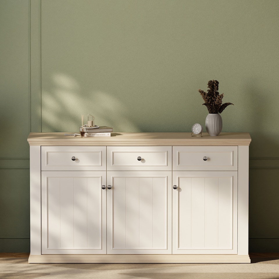 image 1 of Pontypool 3 Drawer & 3 Door Sideboard in White and Riva Oak