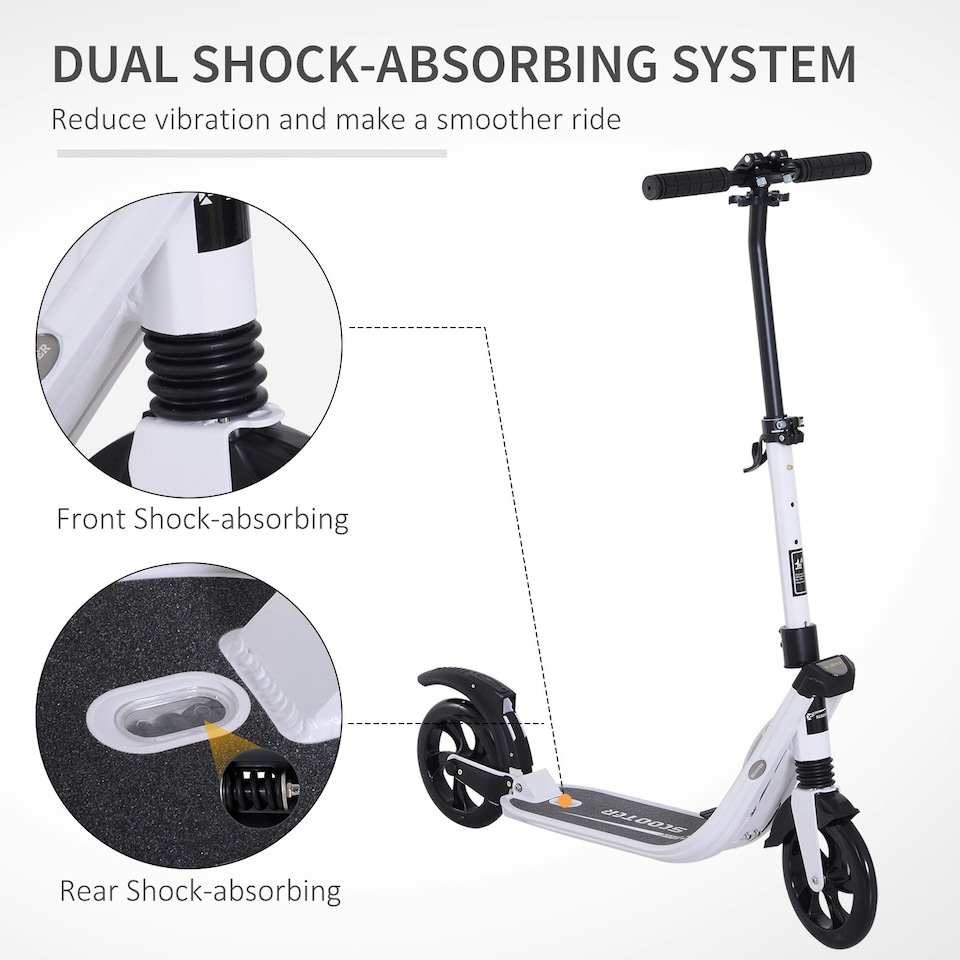 image 1 of HOMCOM Folding Kick Scooter Teens Adult Ride On Adjustable 2 Big Wheels White