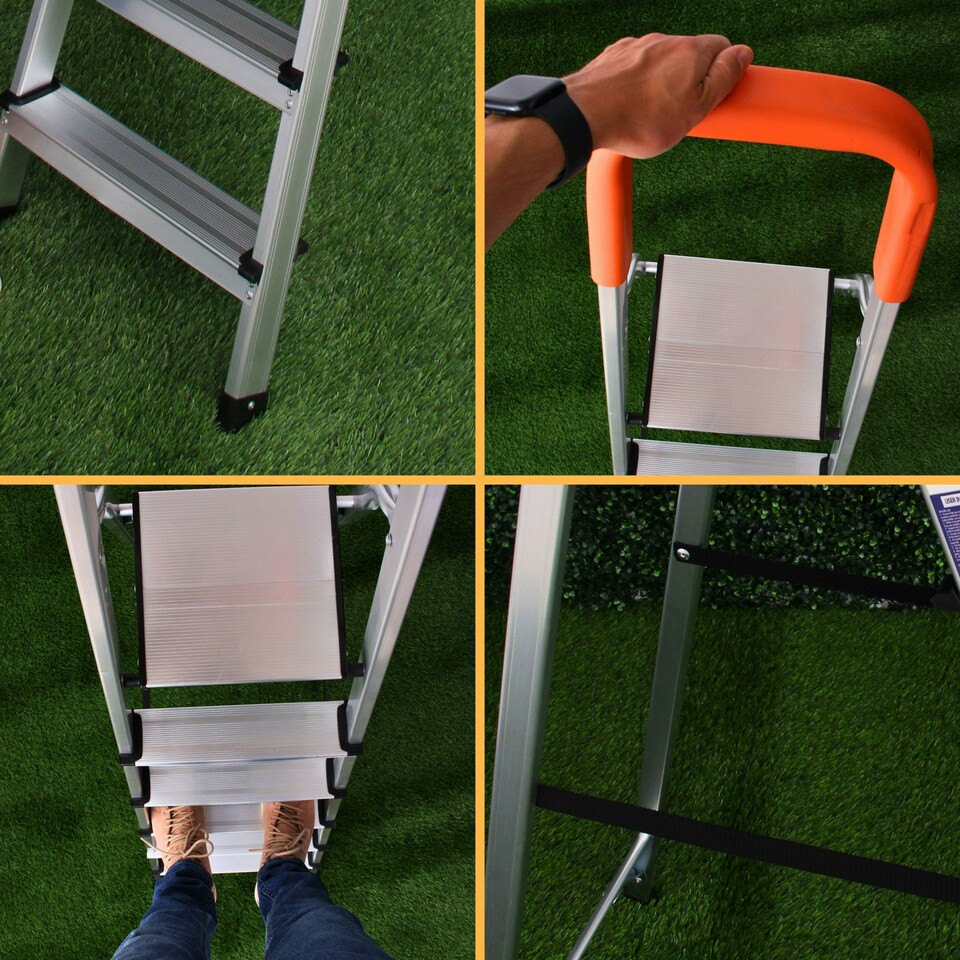image 1 of Lightweight Step Ladders - Compact Aluminium Stepladder with Non-Slip Wide Step, Portable Silver Color - Tall Folding Ladder with Platform Silver | Orange | 6 - Step 167 cm