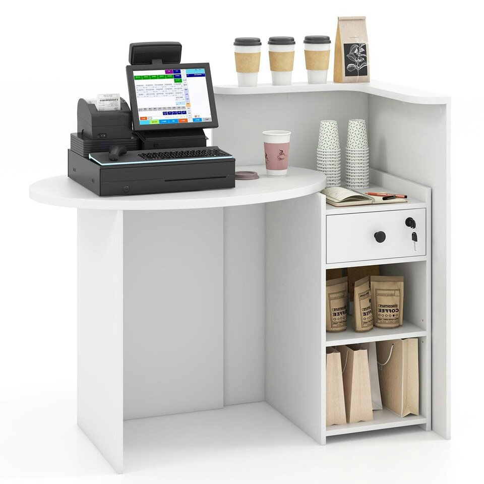 image 1 of COSTWAY Reception Desk with Lockable Drawer White & Black Black