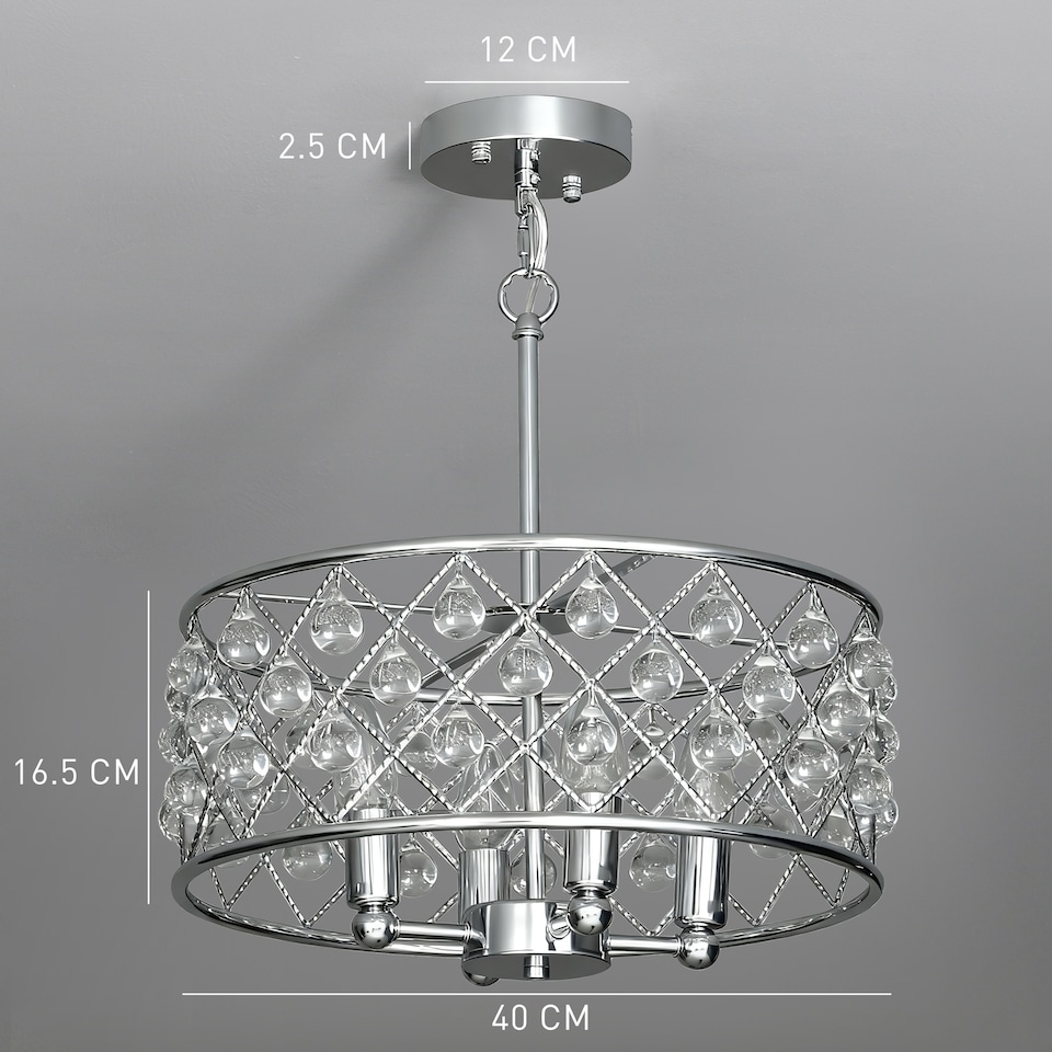 image 1 of HOMCOM Crystal Chandelier with Adjustable Height, 4-Light Modern Flush Mount Ceiling Light, Hanging Chandelier with E14 Base for Living Room, Bedroom, Dining Room, Bulb Not Included, Silver Tone | Silver