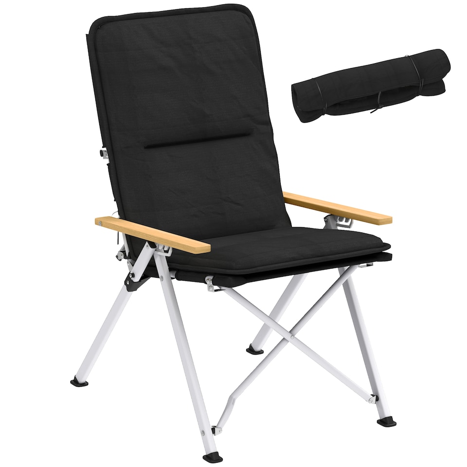 image 1 of Outsunny Padded Camp Chair Outdoor High Back Folding Recliner with Bag Black