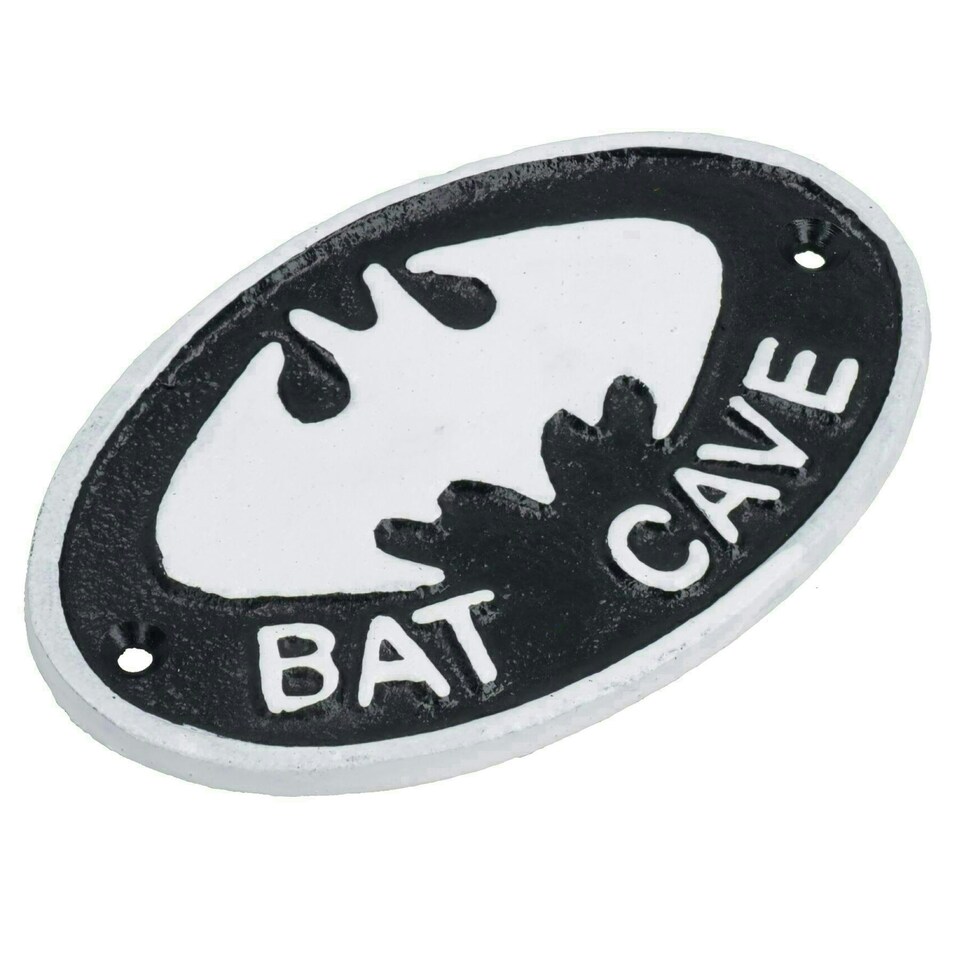 image 1 of Bat Cave Cast Iron Sign Plaque Door Wall House Gate Post Bedroom Man Cave