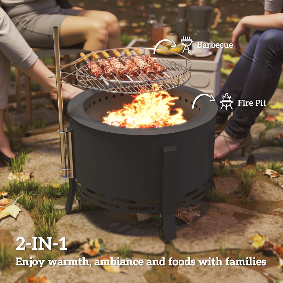 image 1 of Outsunny Portable Fire Pit, 58 cm Round Firepit with Grill Grate, Black