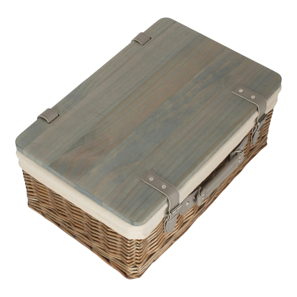 image 1 of 41cm Antique Wash White Lined Willow Empty Picnic Basket with Pinewood Lid | Brown | Brown | M | 1