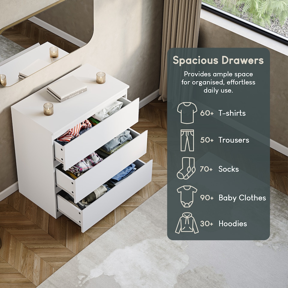 image 1 of Vida Designs Denver 3 Drawer Chest of Drawers Bedroom Storage, White