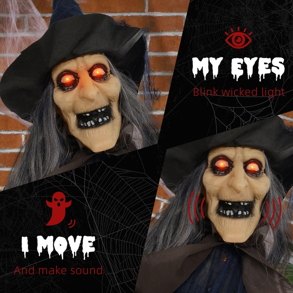 image 1 of HOMCOM Halloween Witch with Broomstick Animatronic Prop with Light Up Eyes