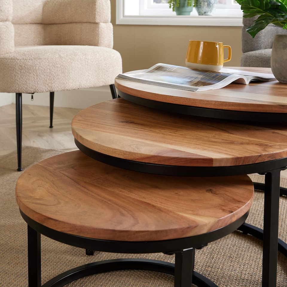 image 1 of Nest 3 Tables Solid Acacia Wooden Top Home Compact Furniture Design Living Room