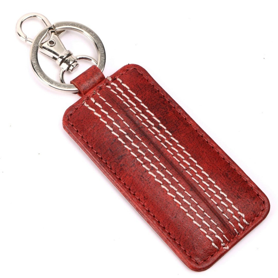 image 1 of CRICKET-GIFTS Buffalo Leather Key Fob | Genuine Cricket Leather | Durable & Elegant Design | Red Leather with White Stitching | Compact Size, Red