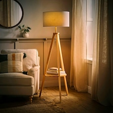 ValueLights Morrigan Grey Shade Wooden Tripod Floor Lamp & Bulb Grey