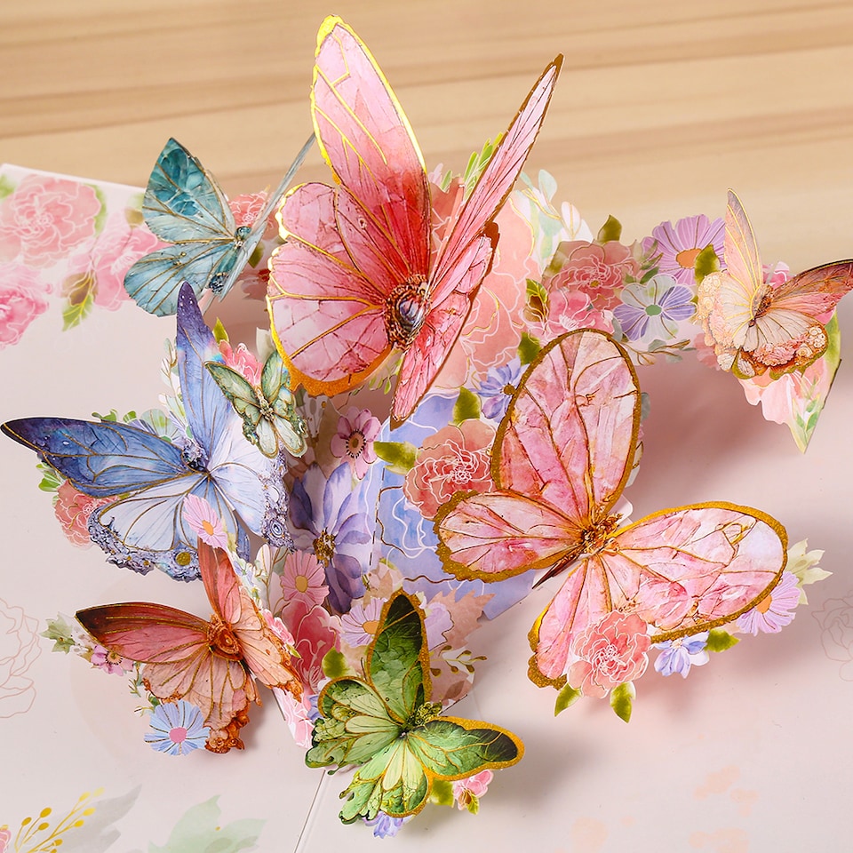 image 1 of Peach Butterfly and Flowers 3D Pop Up Greeting Card