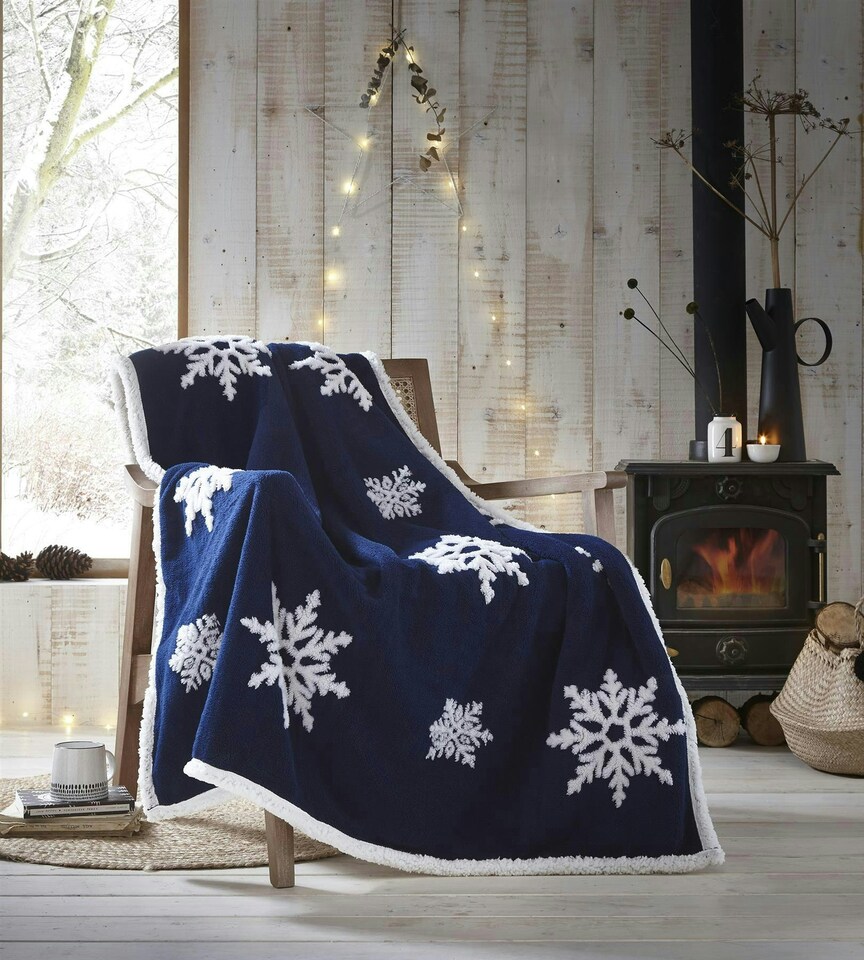 Snowflake Navy Sherpa Fleece Throw