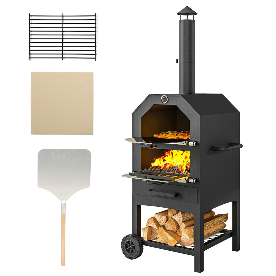 image 1 of Outsunny Outdoor Pizza Oven Charcoal Grill with Rain Cover, Shelf and Wheels