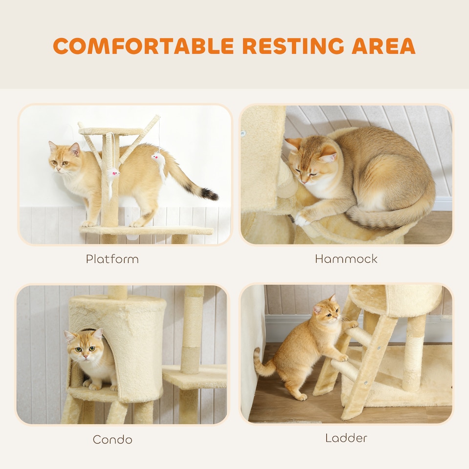 image 1 of PawHut Cat Tree for Indoor Cats, 134cm Scratching Post Climbing Tower, Beige