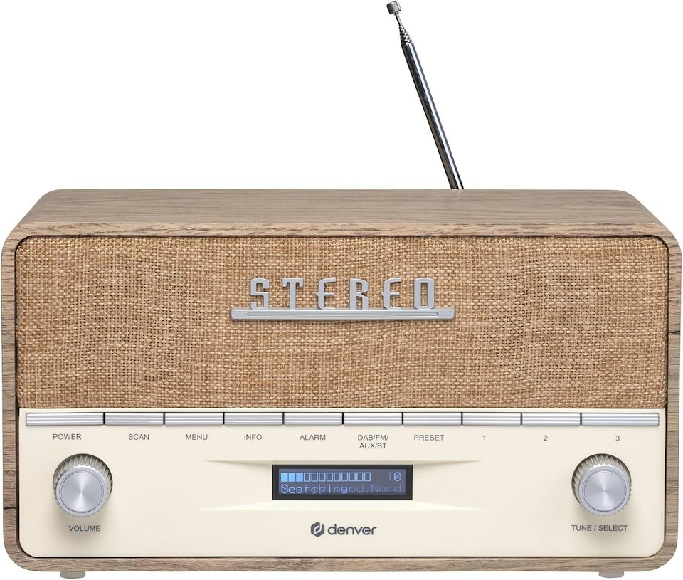 image 1 of Large Vintage Style DAB/DAB+ & FM Radio – Bluetooth – High Contrast Large Screen - AUX In – Clock & Dual Alarm – Dark Wood Cabinet – 2x5W – Mains or Battery