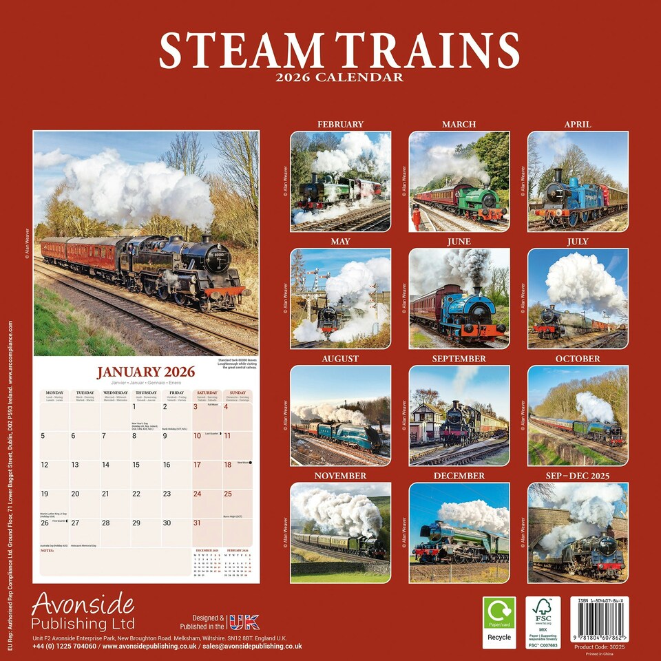 image 1 of Steam Trains 2026 Calendar | Square Wall Calendar | Train, Steam Railway Gift | Plastic Free Packaging | by Avonside Publishing