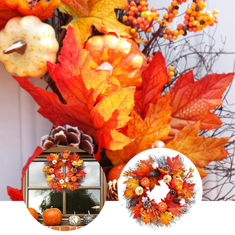 image 1 of Living and Home Autumnal Halloween Door Decorative Wreath Maple Pumpkin