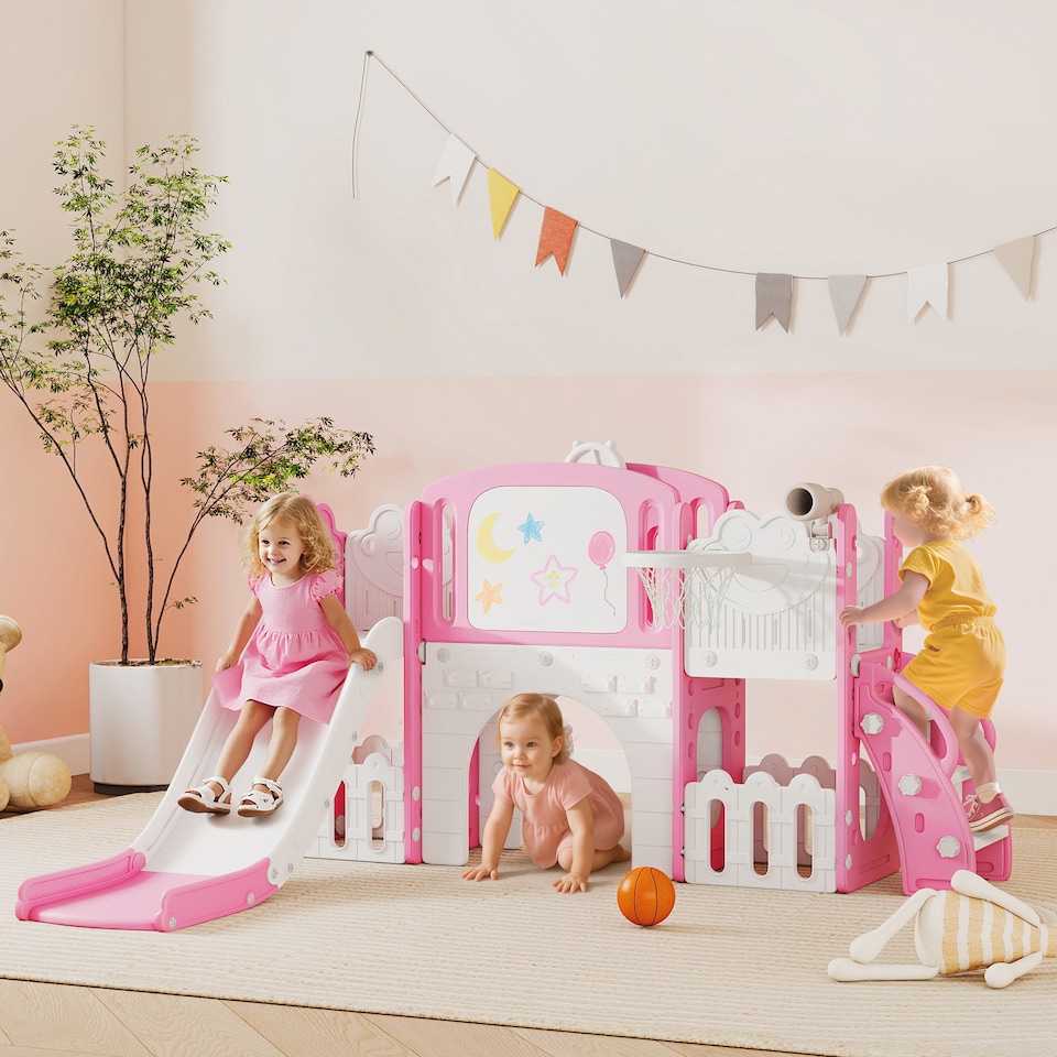 image 1 of AIYAPLAY 7 in 1 Toddler Slide Set, Frog Theme Playset with Basketball Hoop