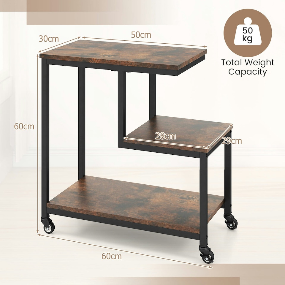 image 1 of COSTWAY G-Shaped Side Table 3-Tier Rolling End Table | Brown