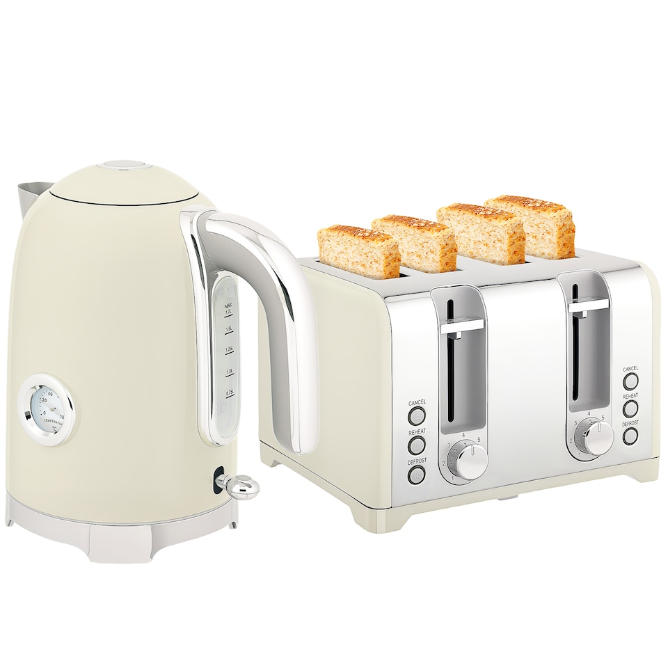 image 1 of HOMCOM Retro Kettle and Toaster Set with Temperature Gauge, 1.7L 3000W Rapid Boil Jug Kettle with Otter Thermostat, Limescale Filter, 4 Slice Toaster with 7 Browning Controls, Crumb Tray, Grey | Grey