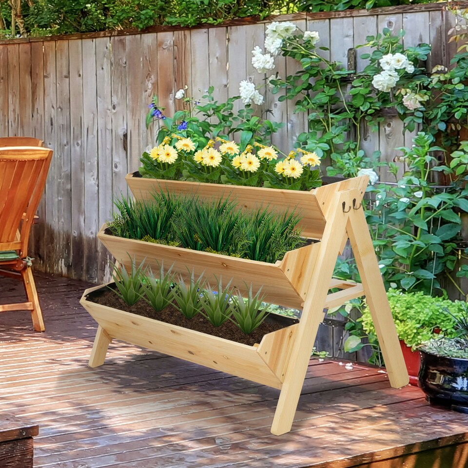 image 1 of Outsunny 3 Tier Wooden Garden Raised Bed Plant Bed with Clapboard and Hooks