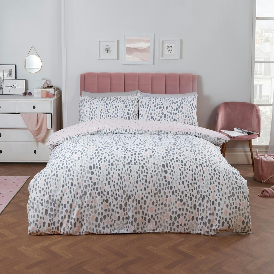 image 1 of OHS Dalmatian Print Duvet Cover and Pillowcase Set, Single - Blush Pink/Grey