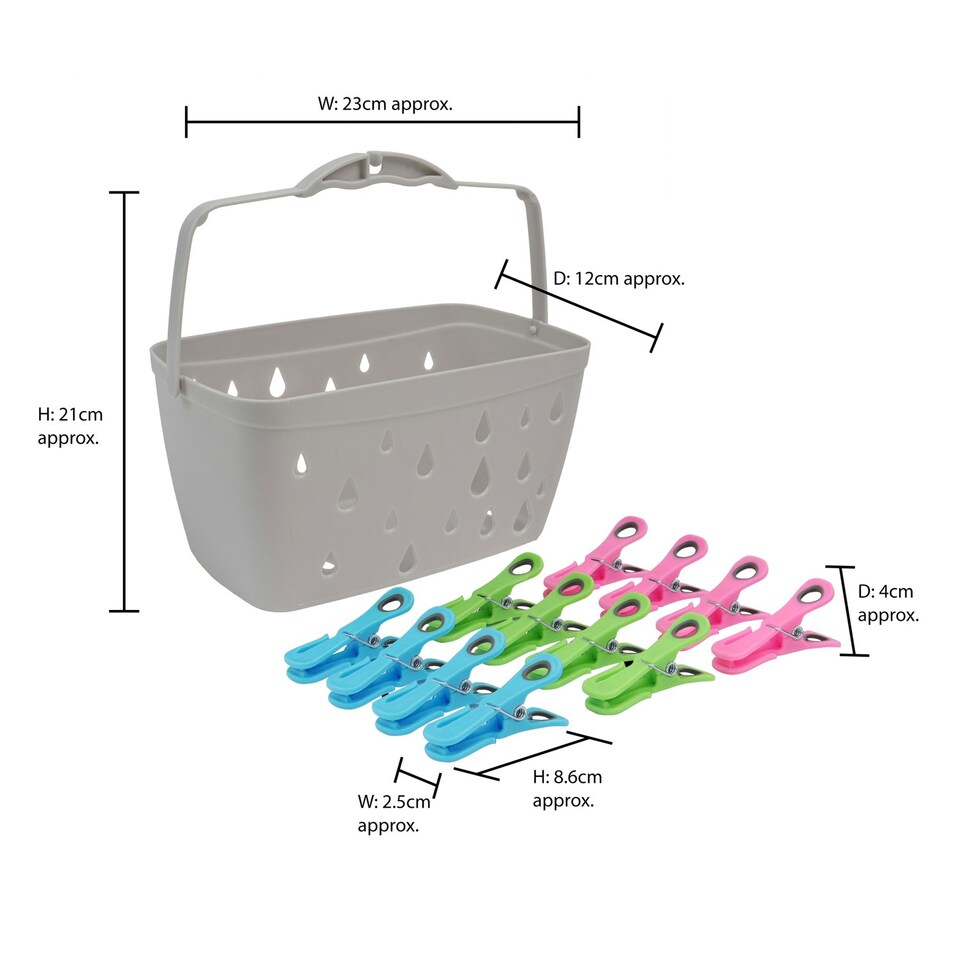 image 1 of JVL Plastic Peg Basket, Grey with 48 Prism Clip Pegs with Hooks, Multi