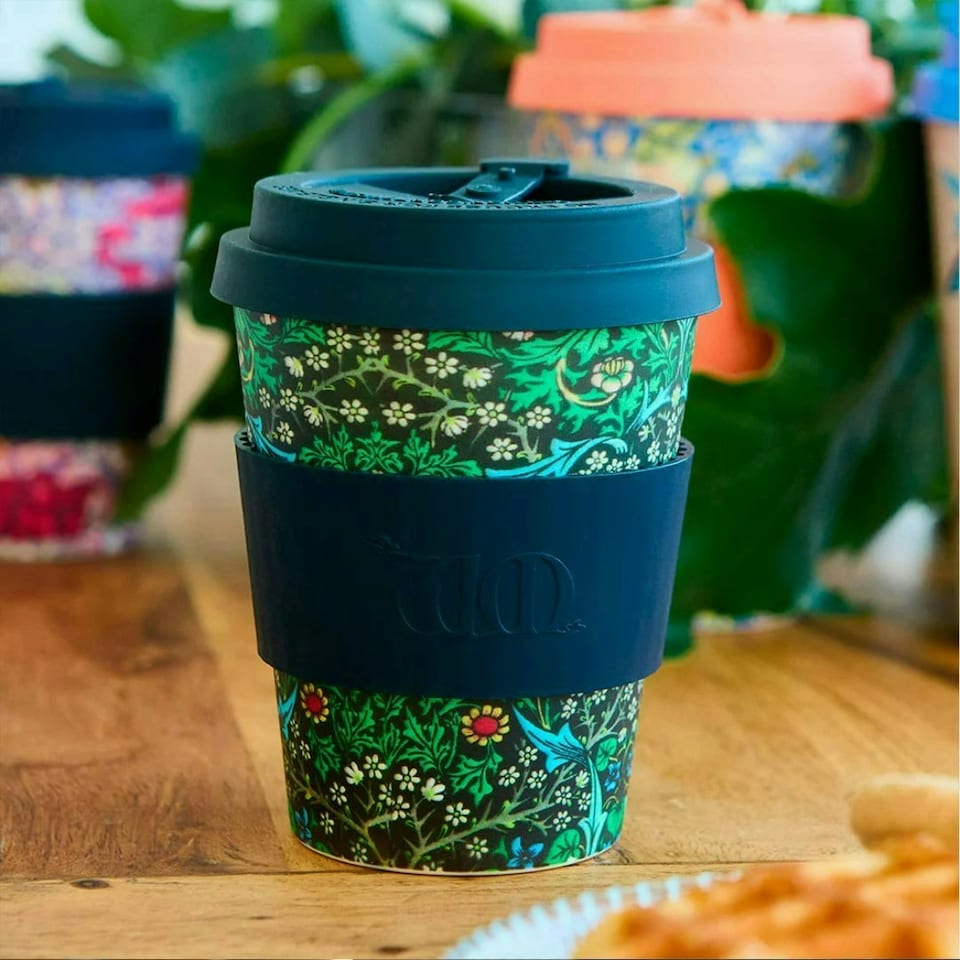 image 1 of Ecoffee Cup 12oz 350ml William Morris Design Reusable Eco-Friendly, Plant Based Coffee Cup with Silicone Lid & Sleeve, Walthamstow | Multi | Walthamstow | 1