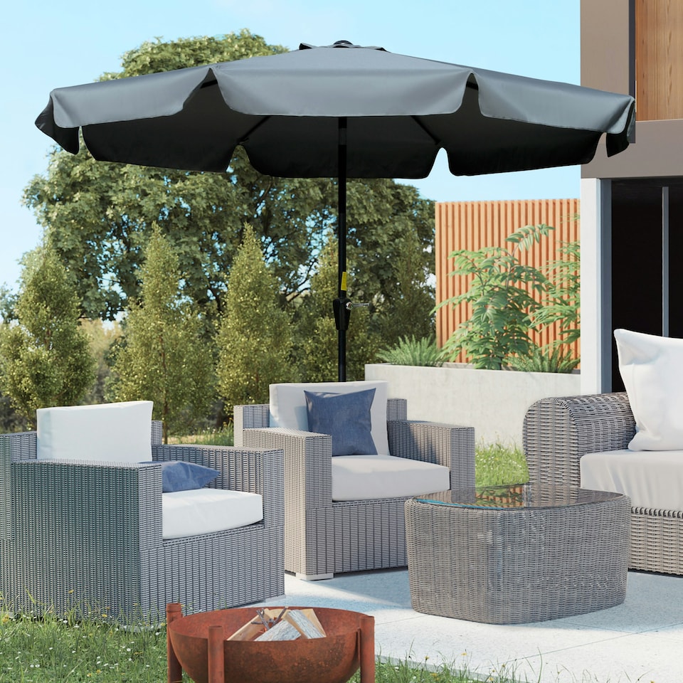 image 1 of Outsunny 2.7m Patio Umbrella Garden Parasol with Crank, Ruffles, 8 Ribs, Grey