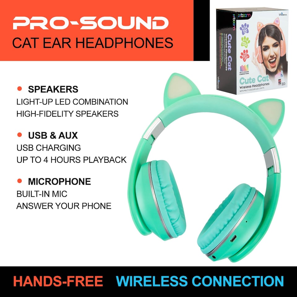 image 1 of VFM e-Store Cat Wireless Headphones Pastel Cat Ears - Foldable, Padded, Rechargeable 400 mAh